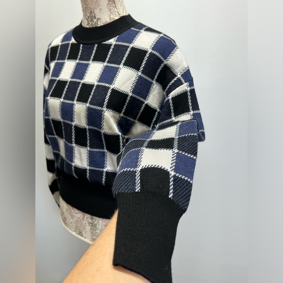 BOSS Blue and black check crew neck crop sweater size L - Picture 6 of 16